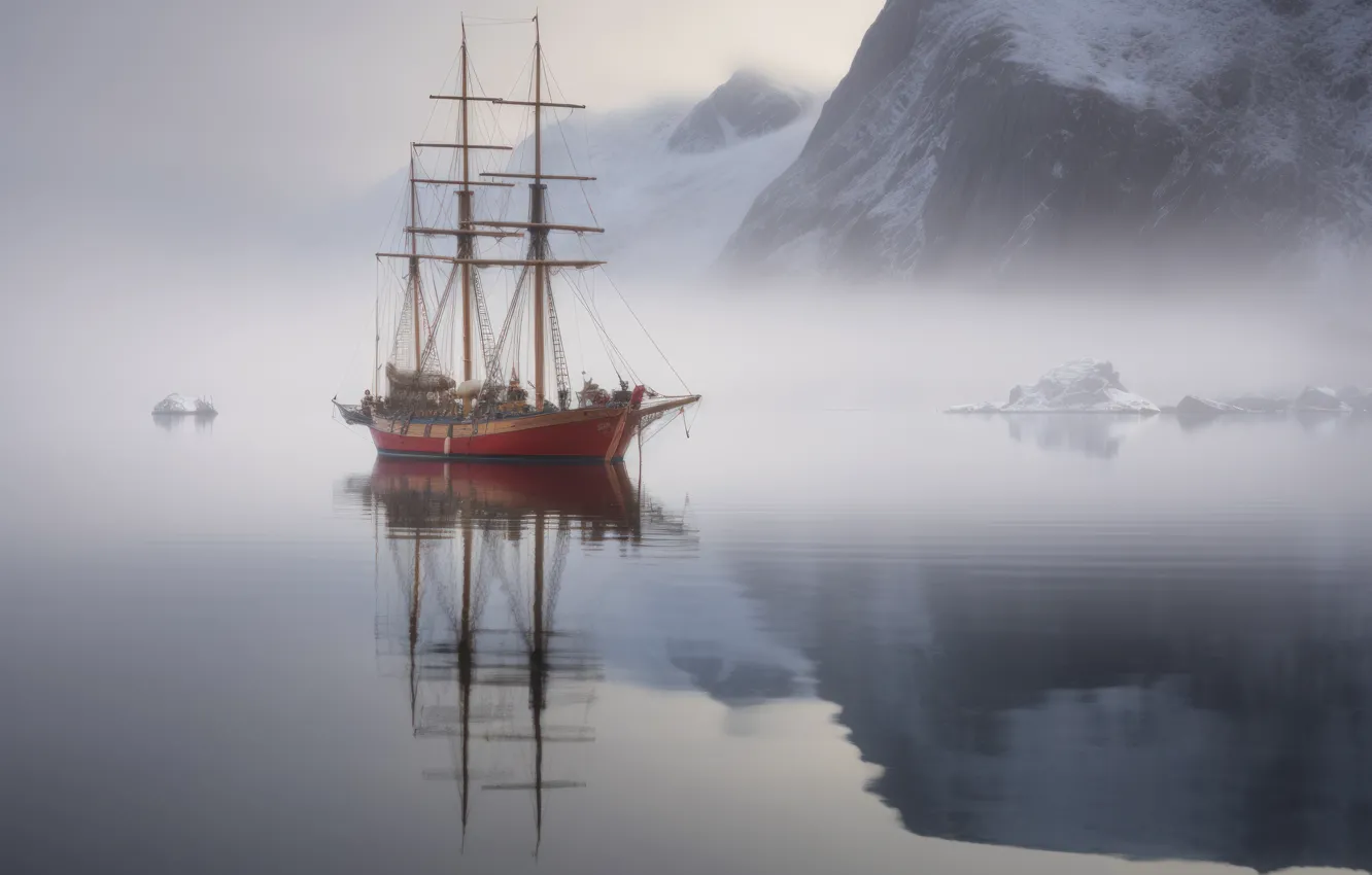 Photo wallpaper snow, landscape, mountains, nature, fog, reflection, rendering, rocks