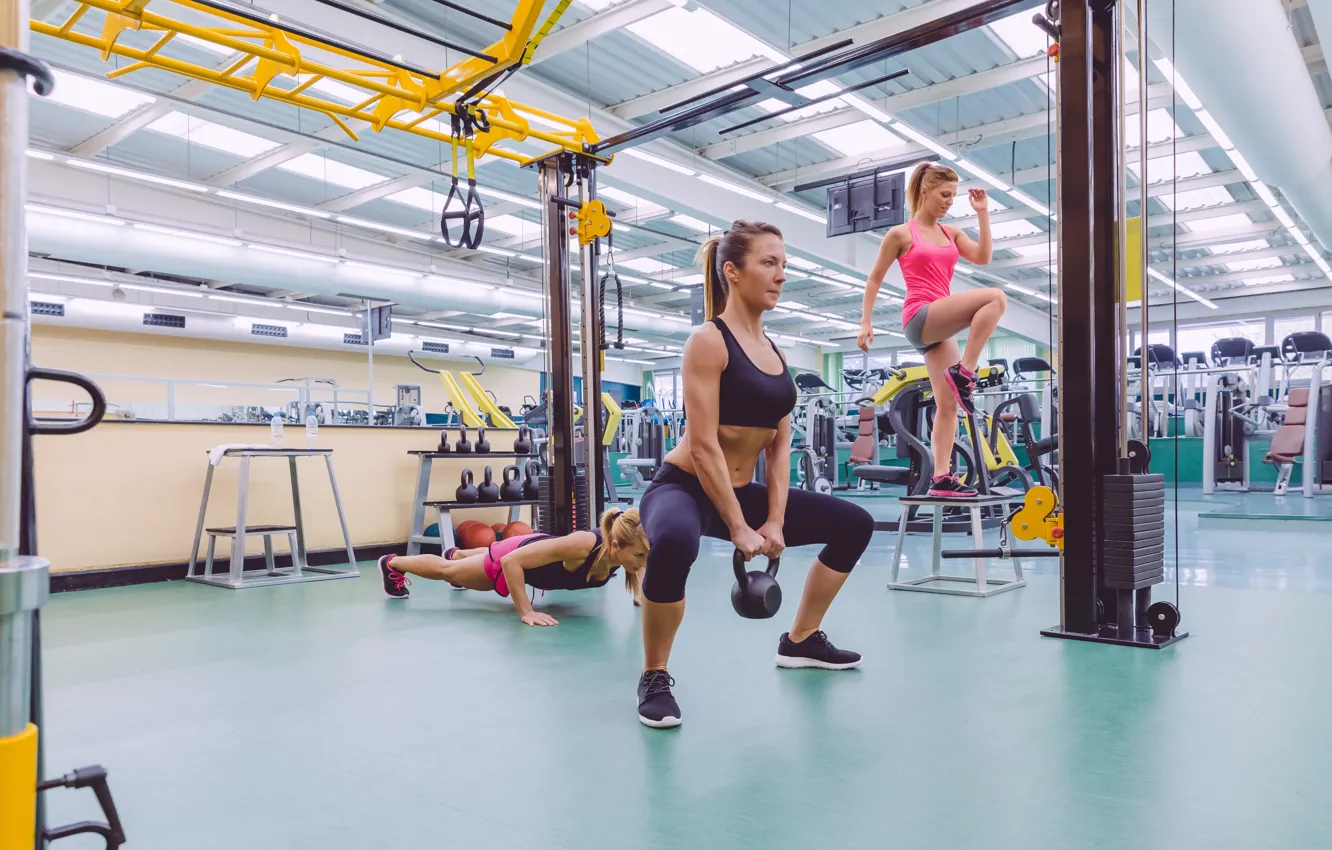 Photo wallpaper gym, class, crossfit, technique, athletic body, Russian dumbbell