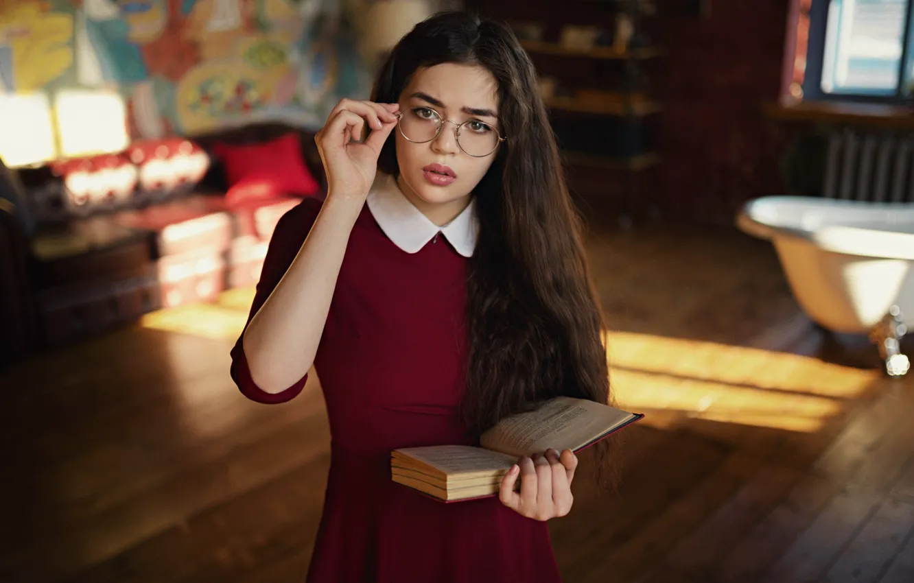 Photo wallpaper look, girl, glasses, book, long hair, Sergey Fat, Sergey Zhirnov, Maya Shakhnazarov
