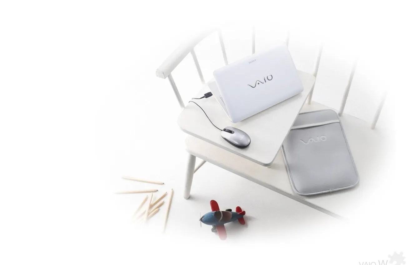 Photo wallpaper bench, toy, mouse, white background, laptop, sony, vaio