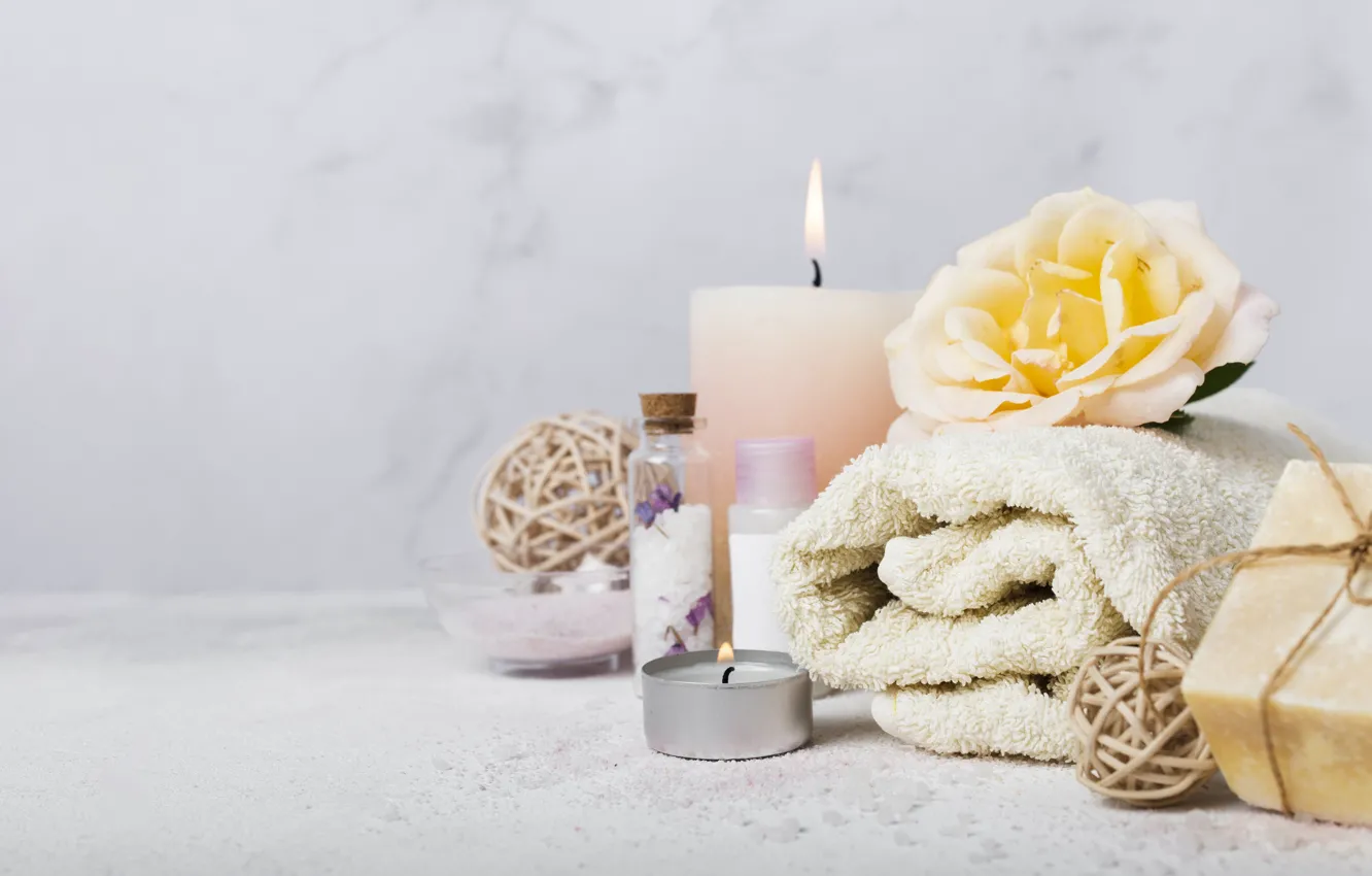 Photo wallpaper flowers, towel, candles, soap, Spa, aroma oil