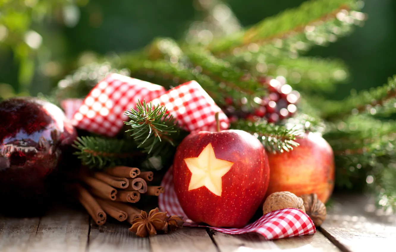 Photo wallpaper winter, branches, star, Apple, New Year, Christmas, nuts, cinnamon