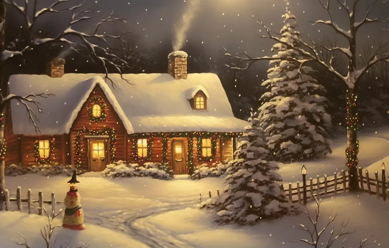 Photo wallpaper winter, snow, night, lights, tree, New Year, Christmas, house