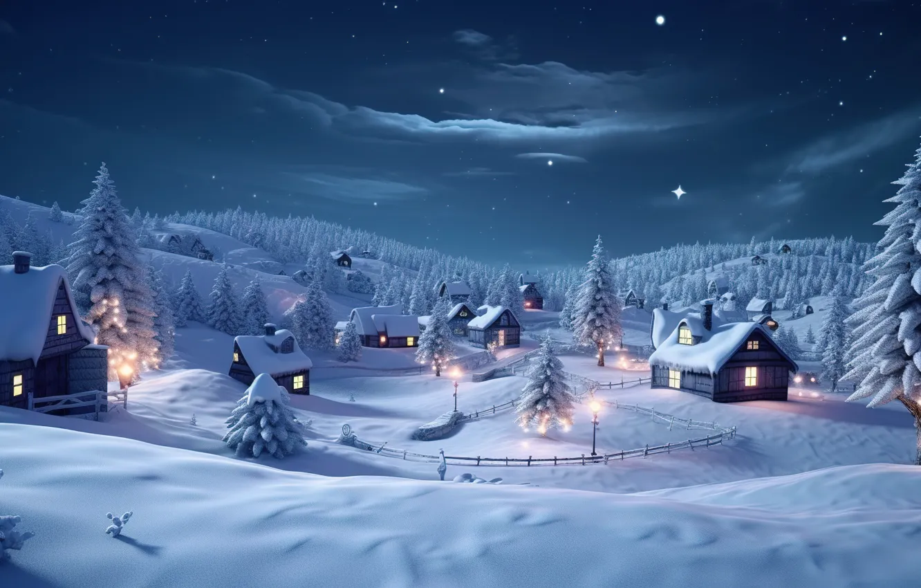 Photo wallpaper winter, snow, night, lights, tree, new year, village, Christmas