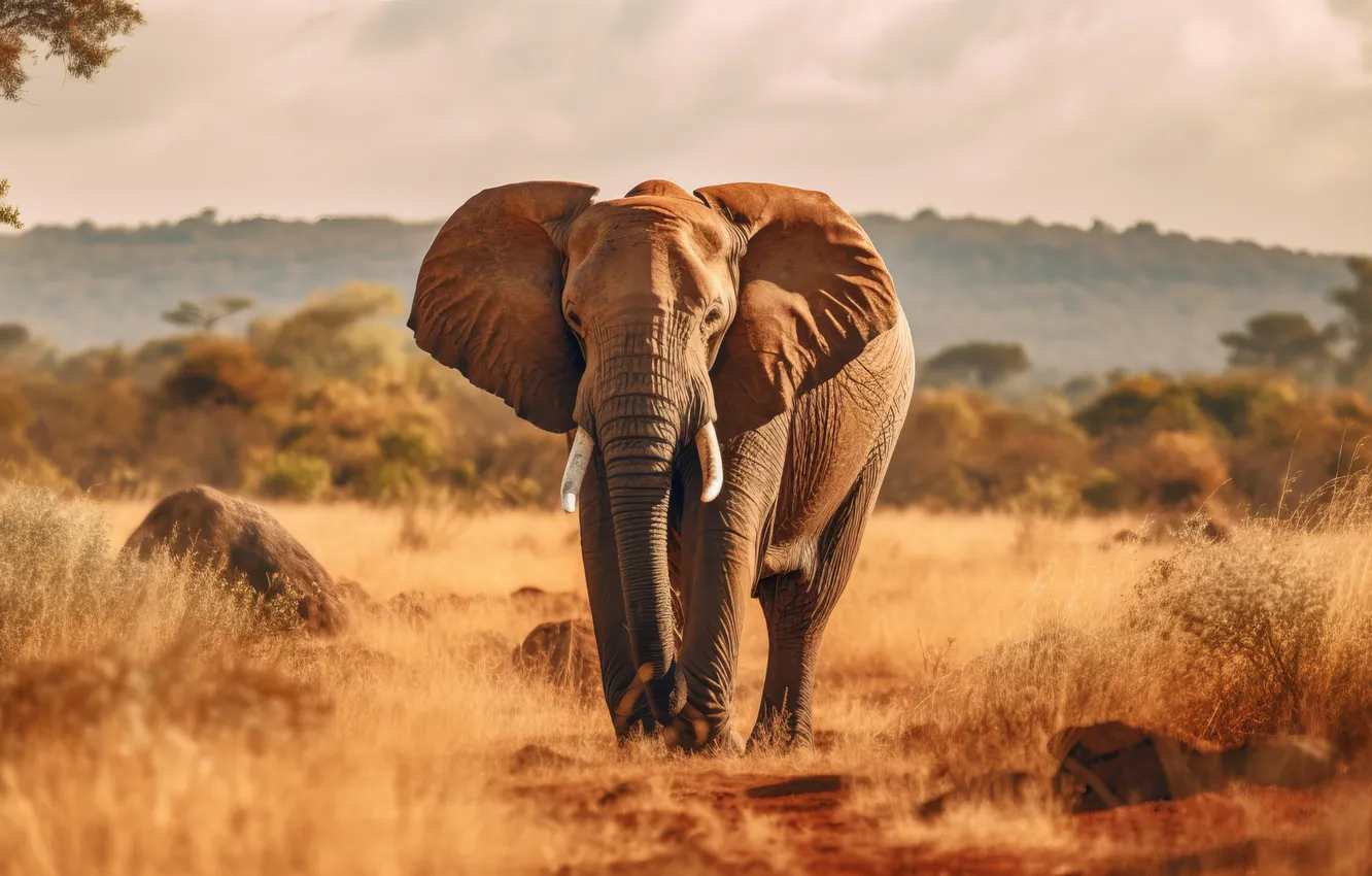 Photo wallpaper the sun, nature, elephant, Savannah, Africa