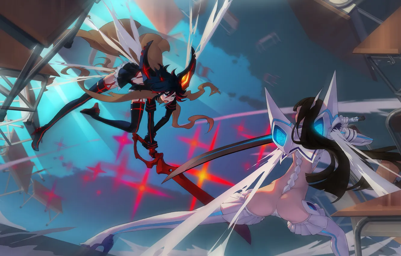 Photo wallpaper girl, katana, form, class, battle, stroke, anime, art