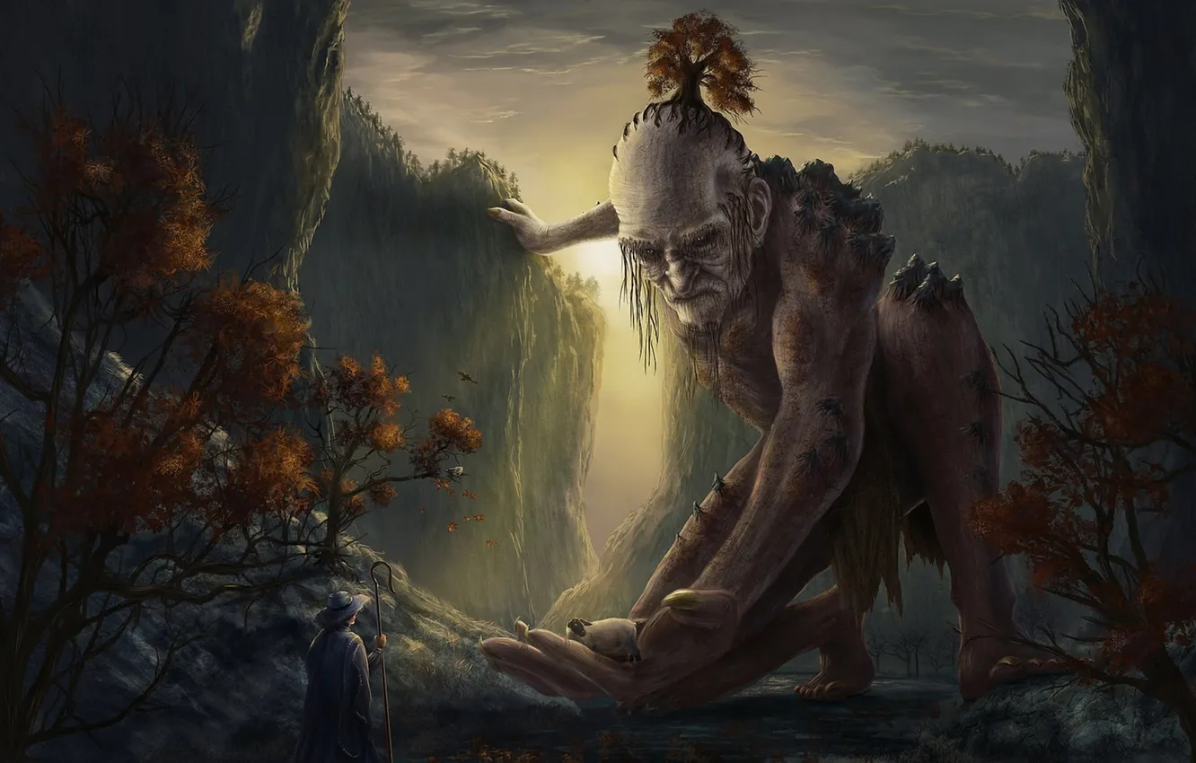 Photo wallpaper trees, rocks, people, sheep, art, gorge, giant, traveler