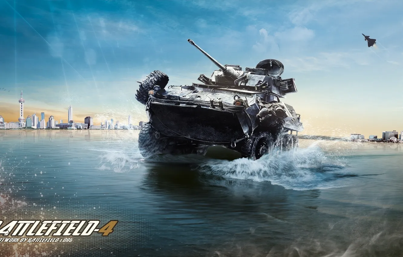 Photo wallpaper sea, the city, war, tank, BTR, Battlefield 4