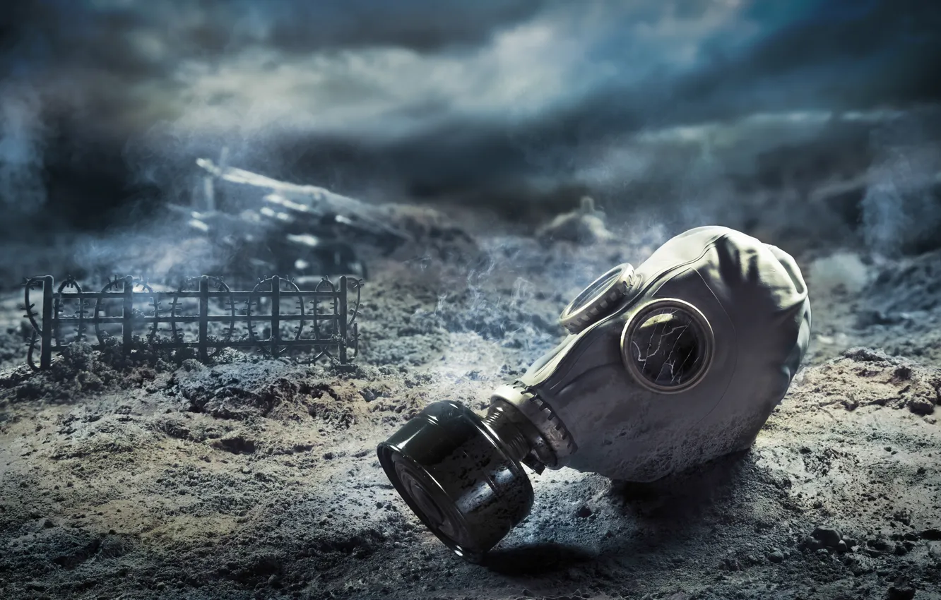 Photo wallpaper city, destruction, gas mask