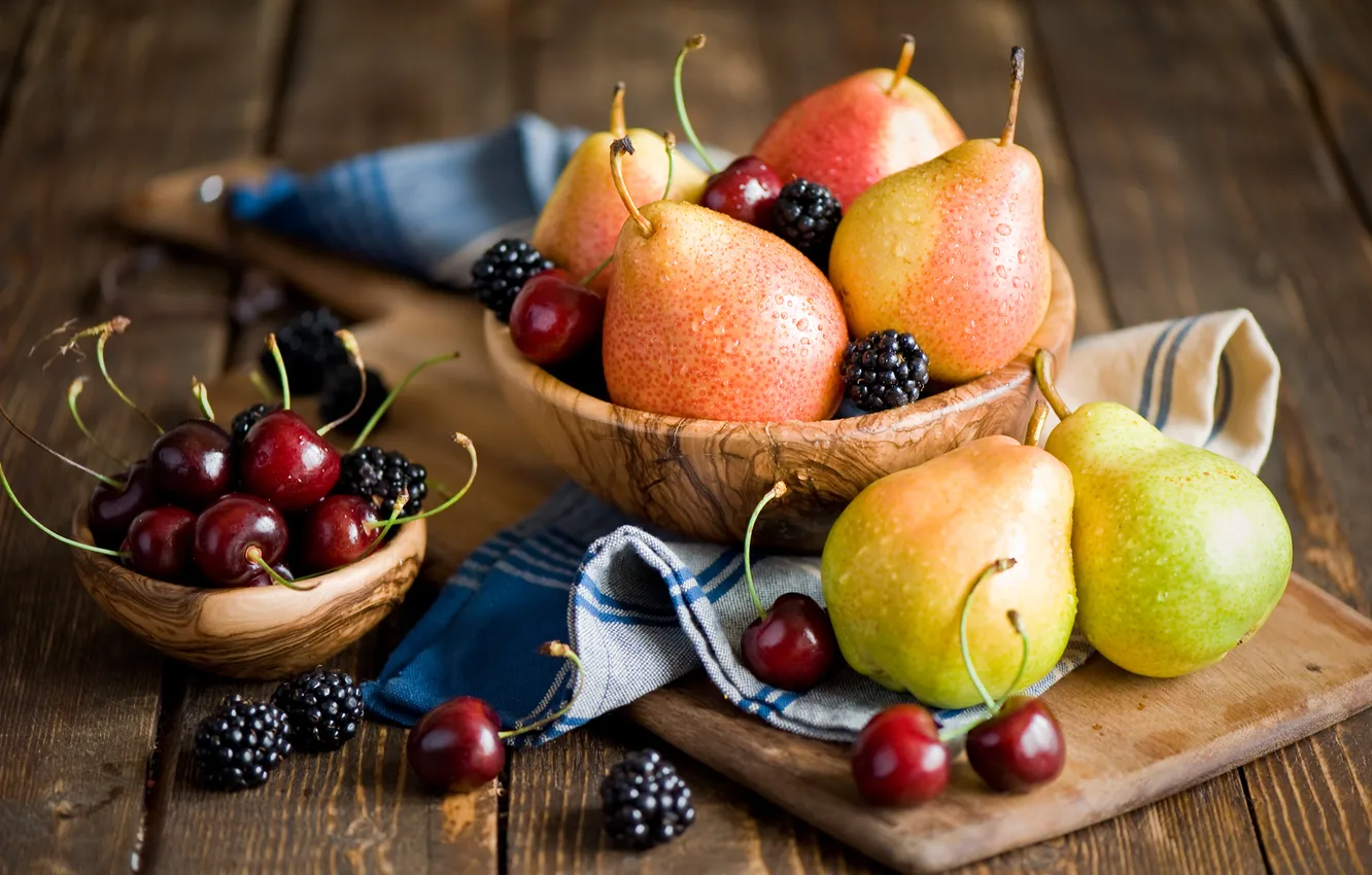 Photo wallpaper berries, towel, bowl, fruit, still life, pear, cherry, BlackBerry