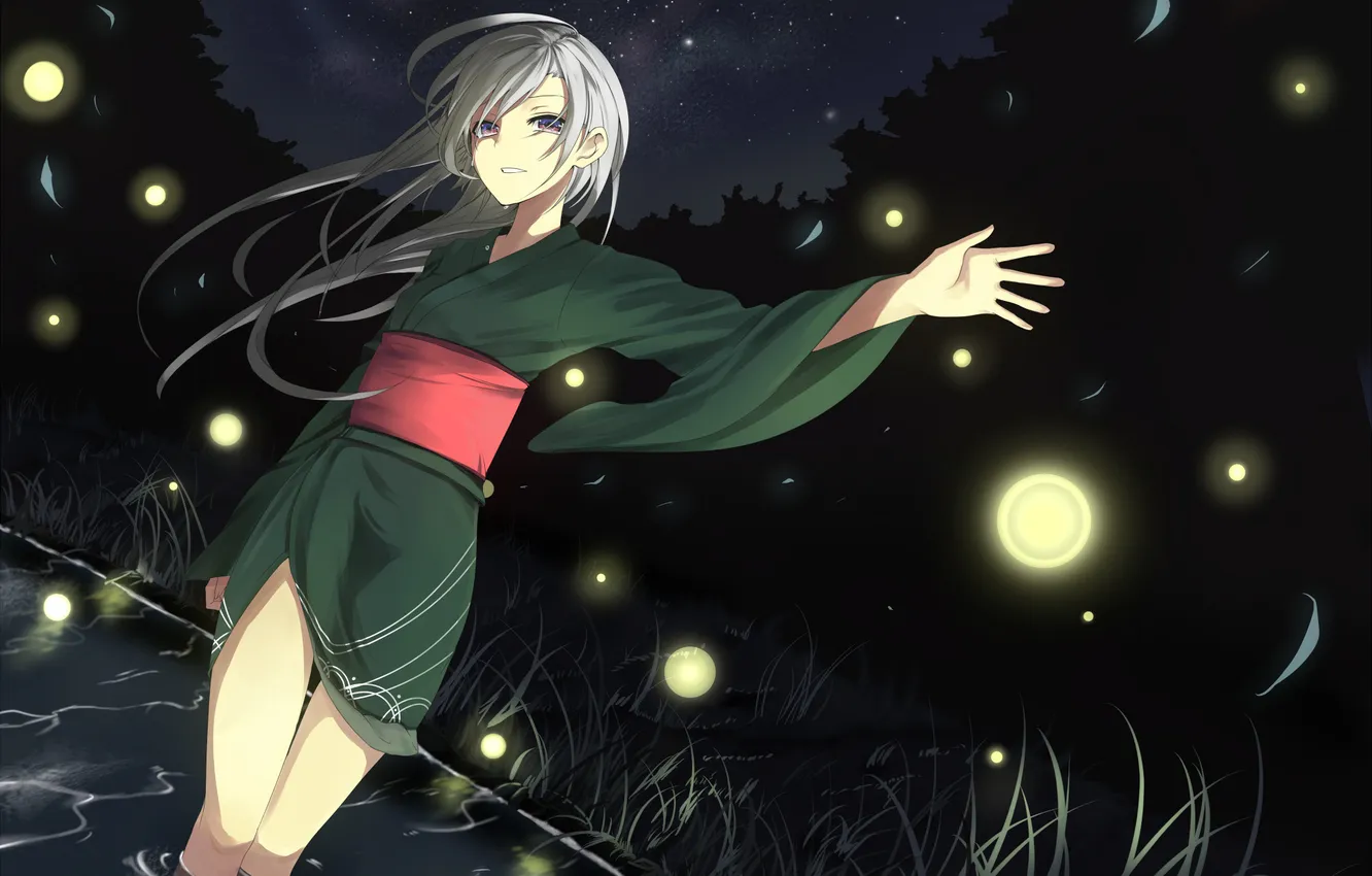 Photo wallpaper night, river, kimono, ojaga