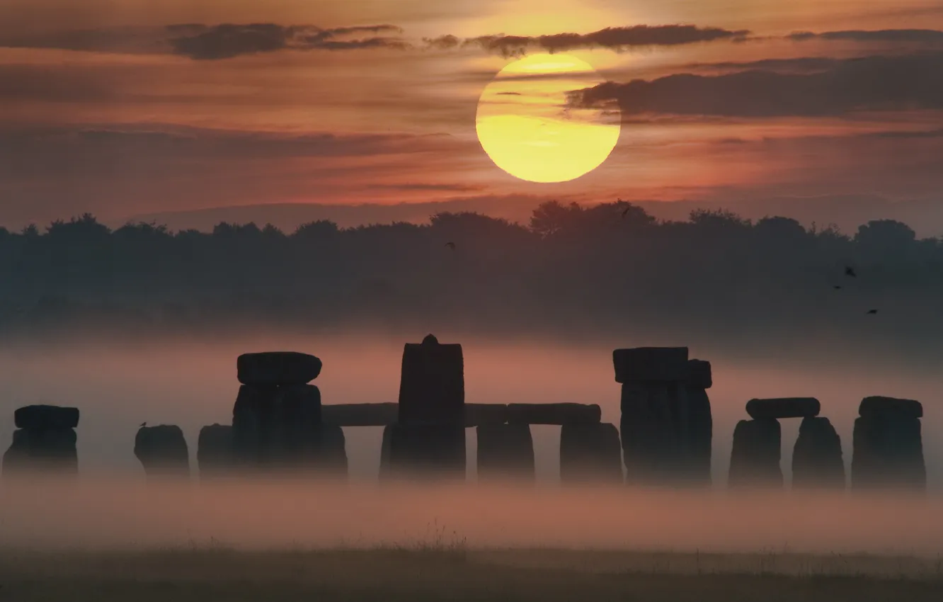 Photo wallpaper forest, the sky, clouds, sunset, fog, stones, Stonehenge, monument