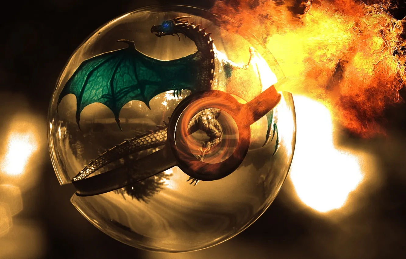 Photo wallpaper fire, dragon, ball, art, sphere, pokemon, pokeball, charizard