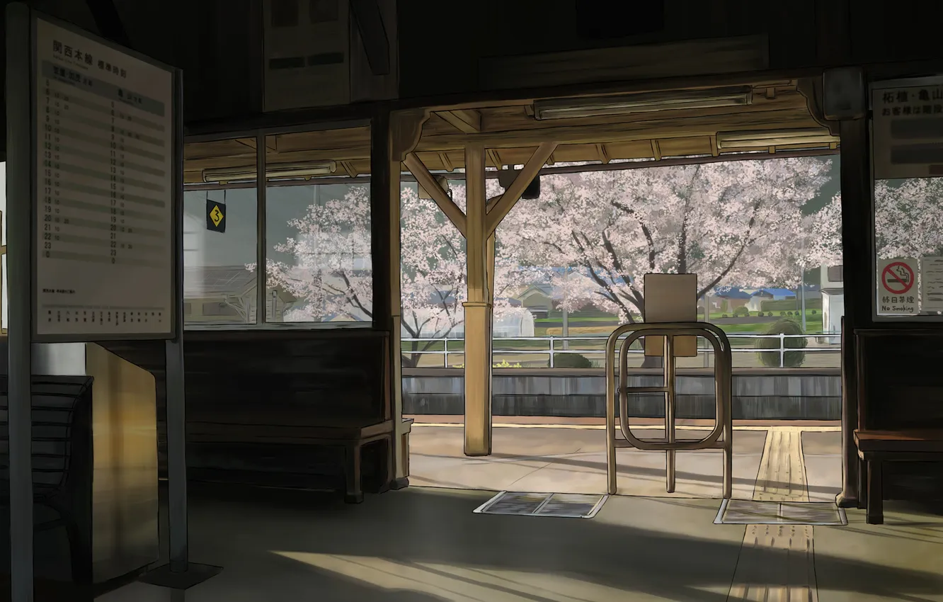Photo wallpaper bench, street, building, Sakura, turnstile