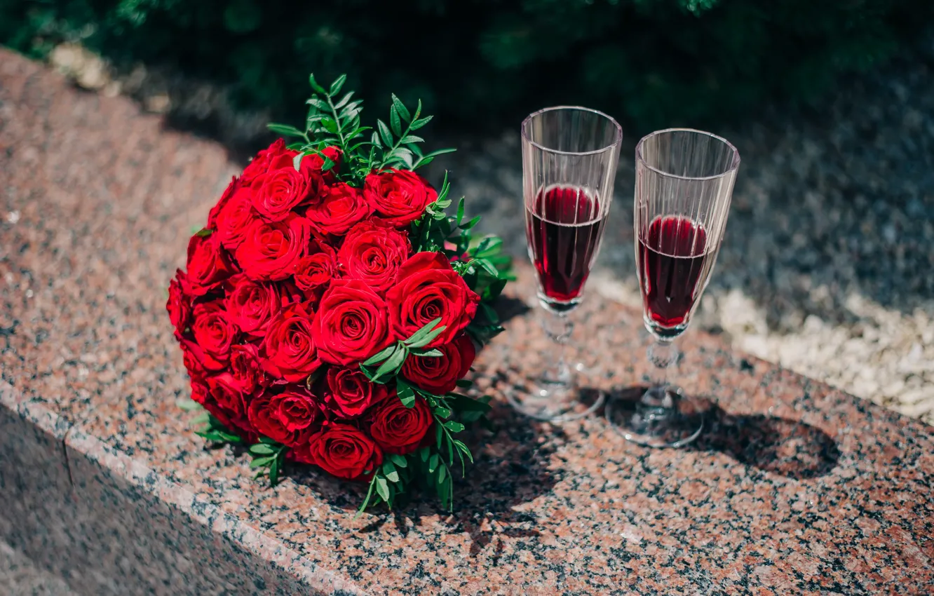 Photo wallpaper flowers, wine, roses, bouquet, glasses