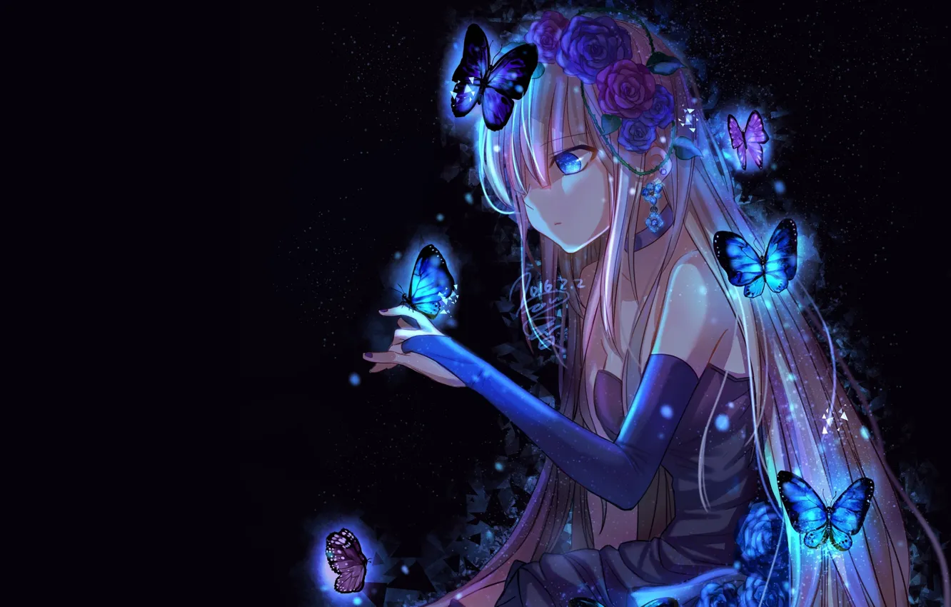 Photo wallpaper girl, butterfly, darkness, anime, art