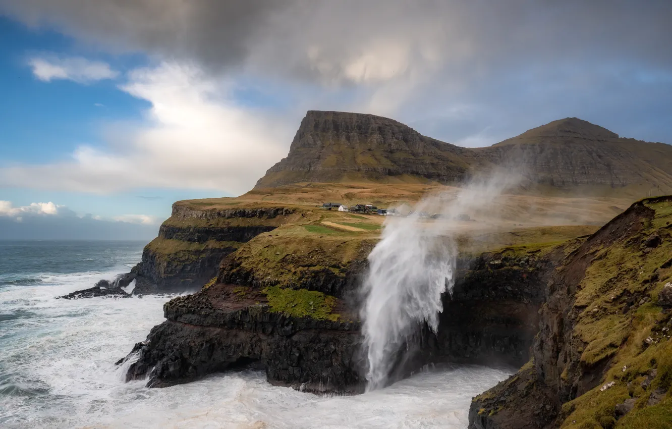 Photo wallpaper sea, wave, clouds, rocks, waterfall, stream, houses, The Faroe Islands