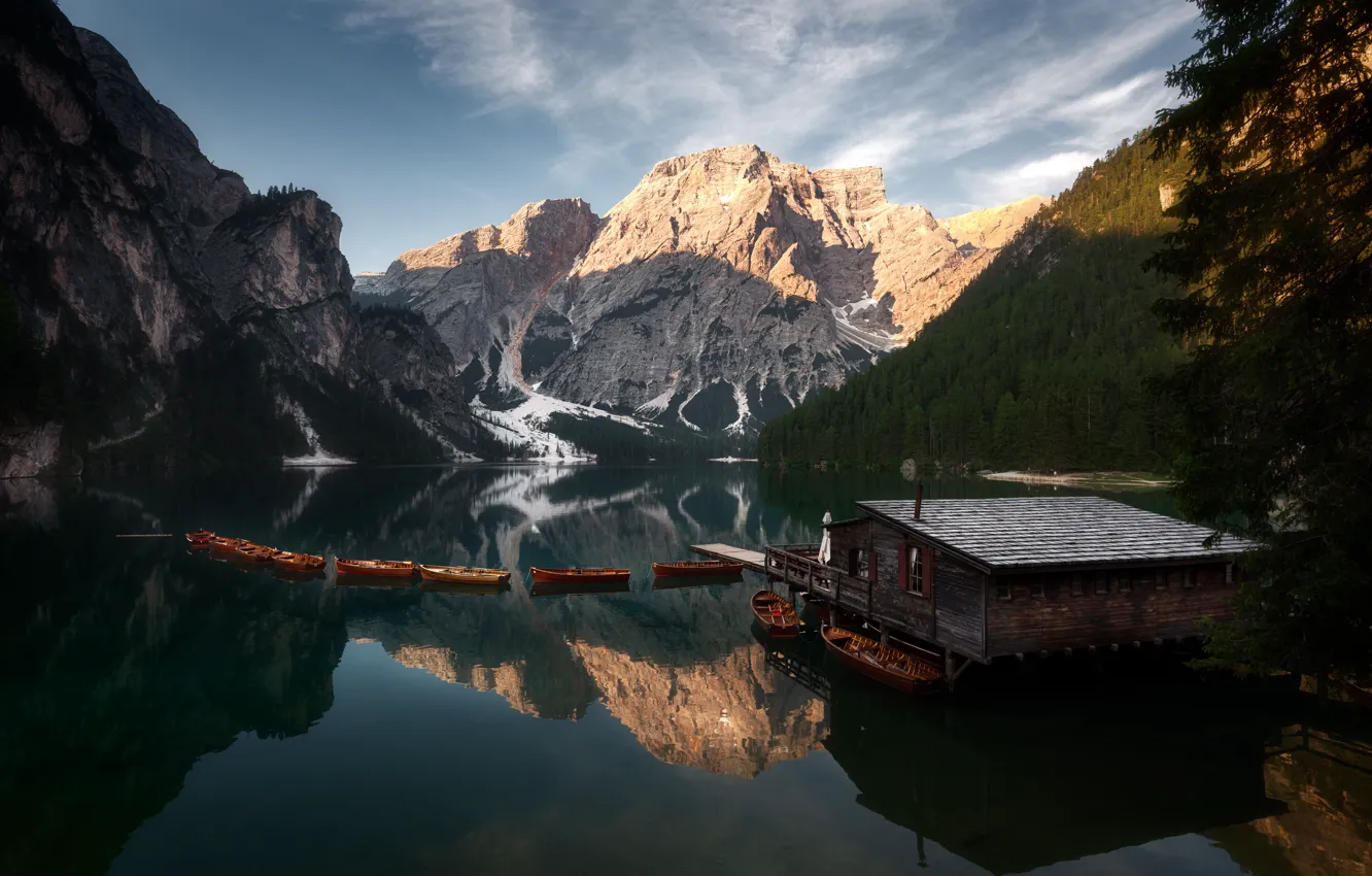 Photo wallpaper mountains, boats, house, pond