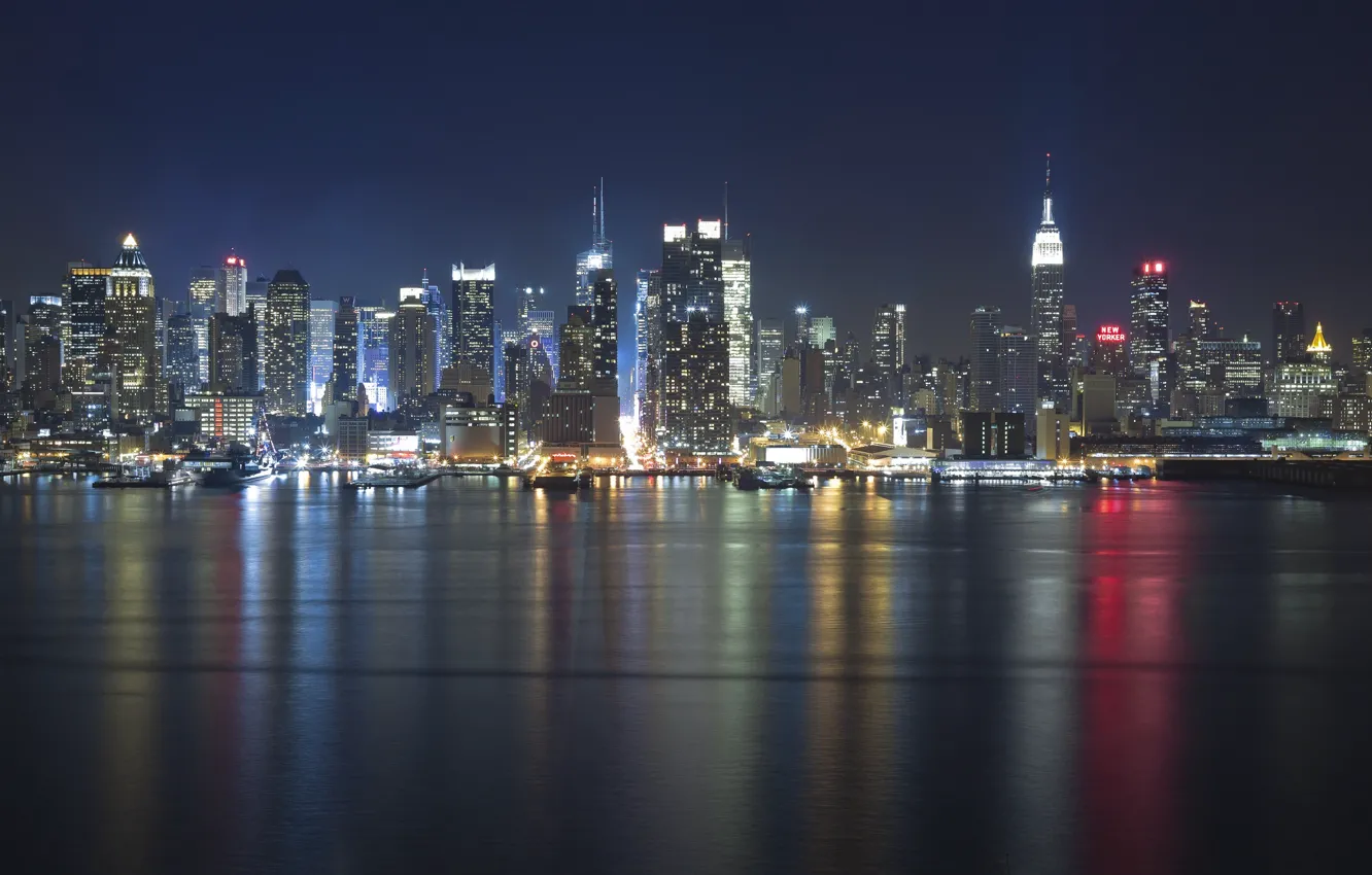 Photo wallpaper night, lights, river, America, USA, States, usa, new york city