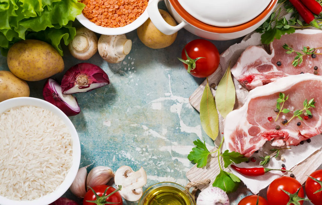 Photo wallpaper mushrooms, bow, meat, figure, tomatoes, spices, garlic, potatoes