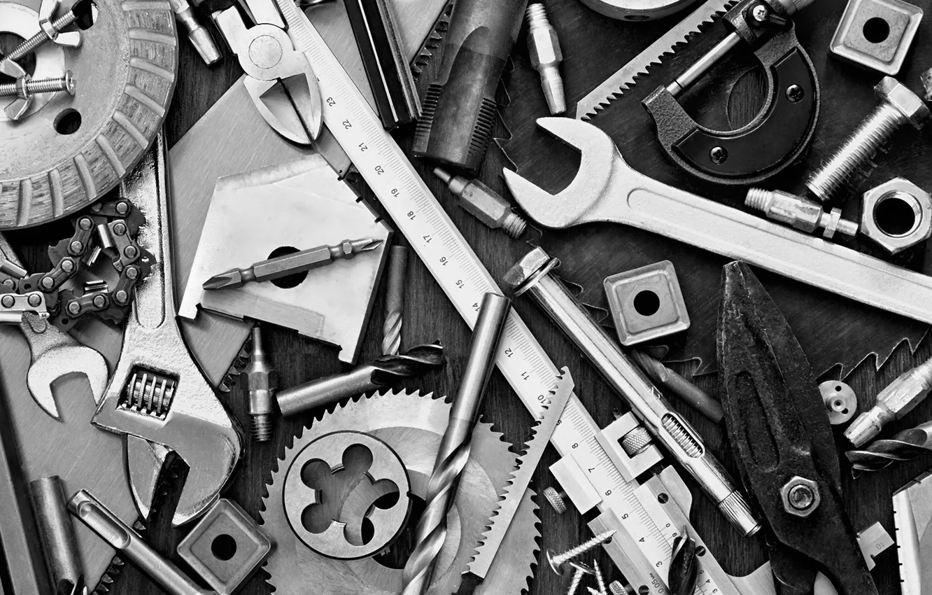 Photo wallpaper bolt, table, key, tool, saw, line, thread, nuts