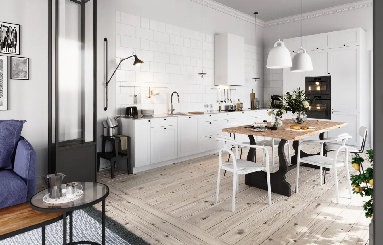 Photo wallpaper design, interior, kitchen, living room, dining room, Scandinavian style