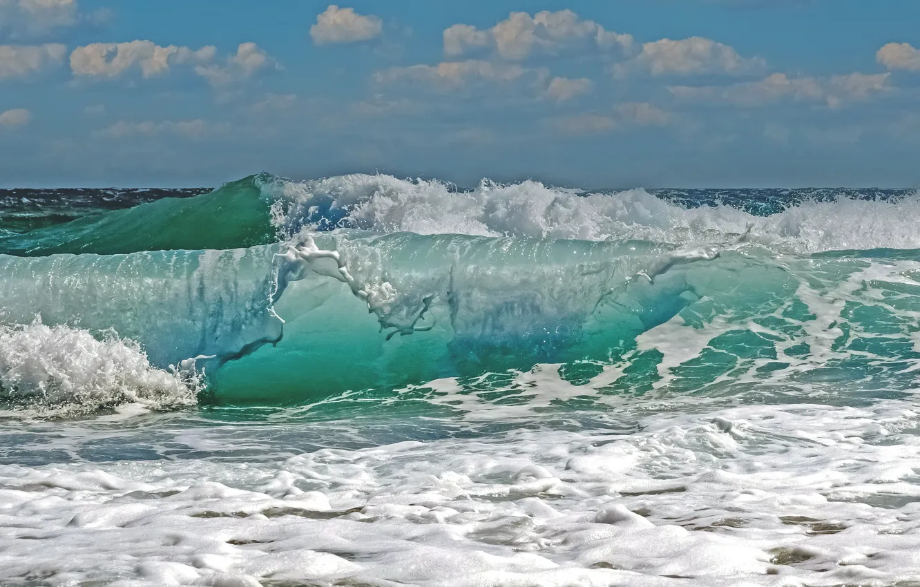 Photo wallpaper sea, wave, water, clouds, sea foam, blue sky