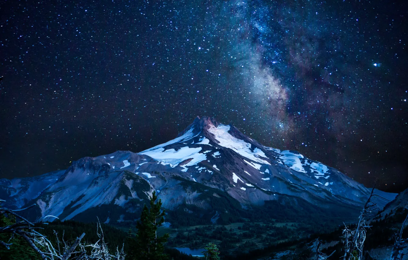 Photo wallpaper night, winter, mountain, snow, stars, Constellation