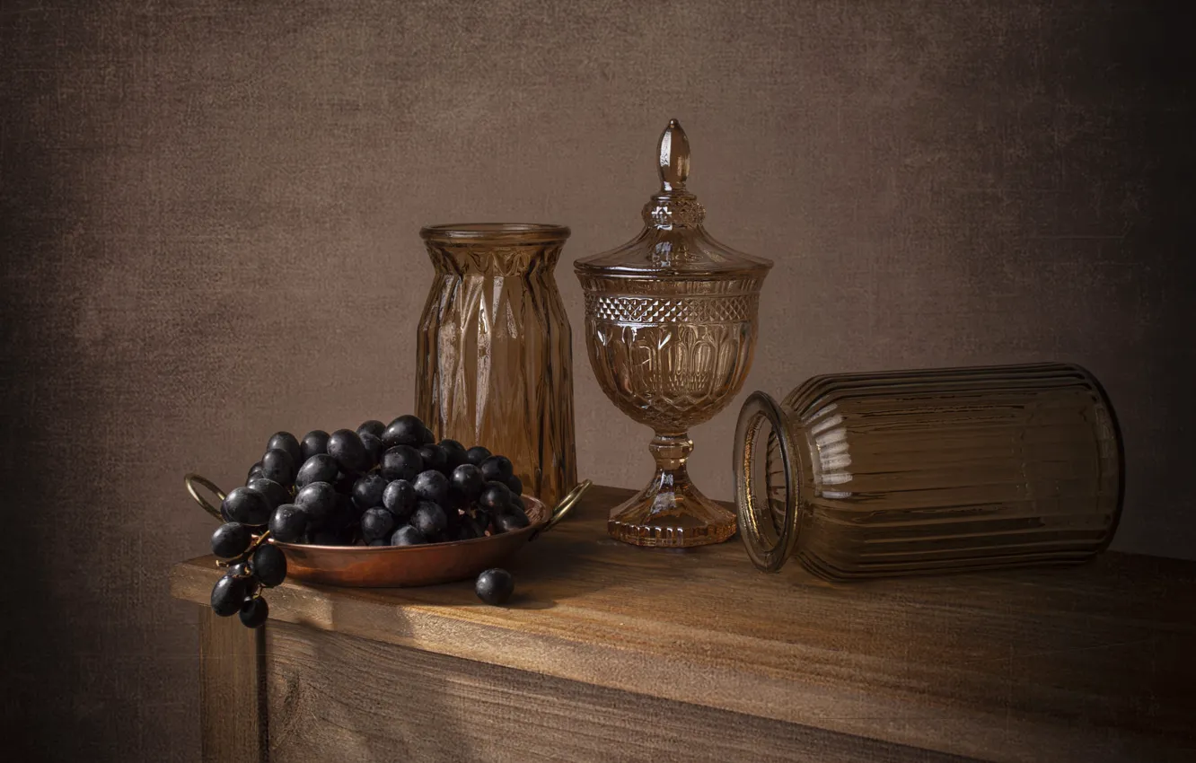 Photo wallpaper glass, table, grapes, Bank, dishes, still life, vase, ramekin