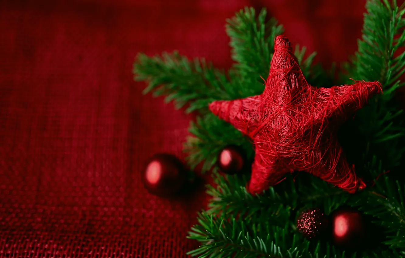 Photo wallpaper balls, holiday, star, Christmas, New year, needles, red, red background