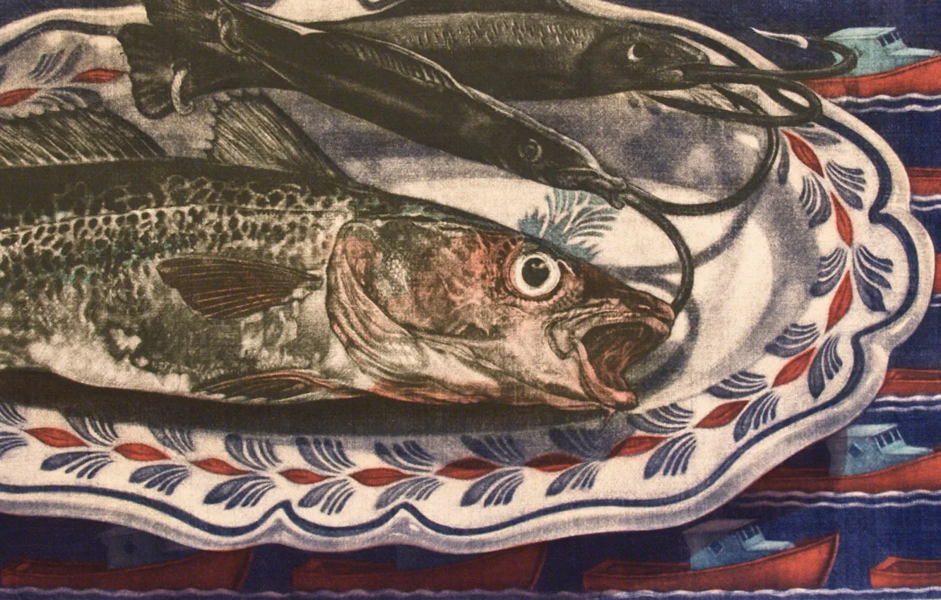 Photo wallpaper fish, plate, Kath Rutherford, Mezzotint, Lunch on the hook