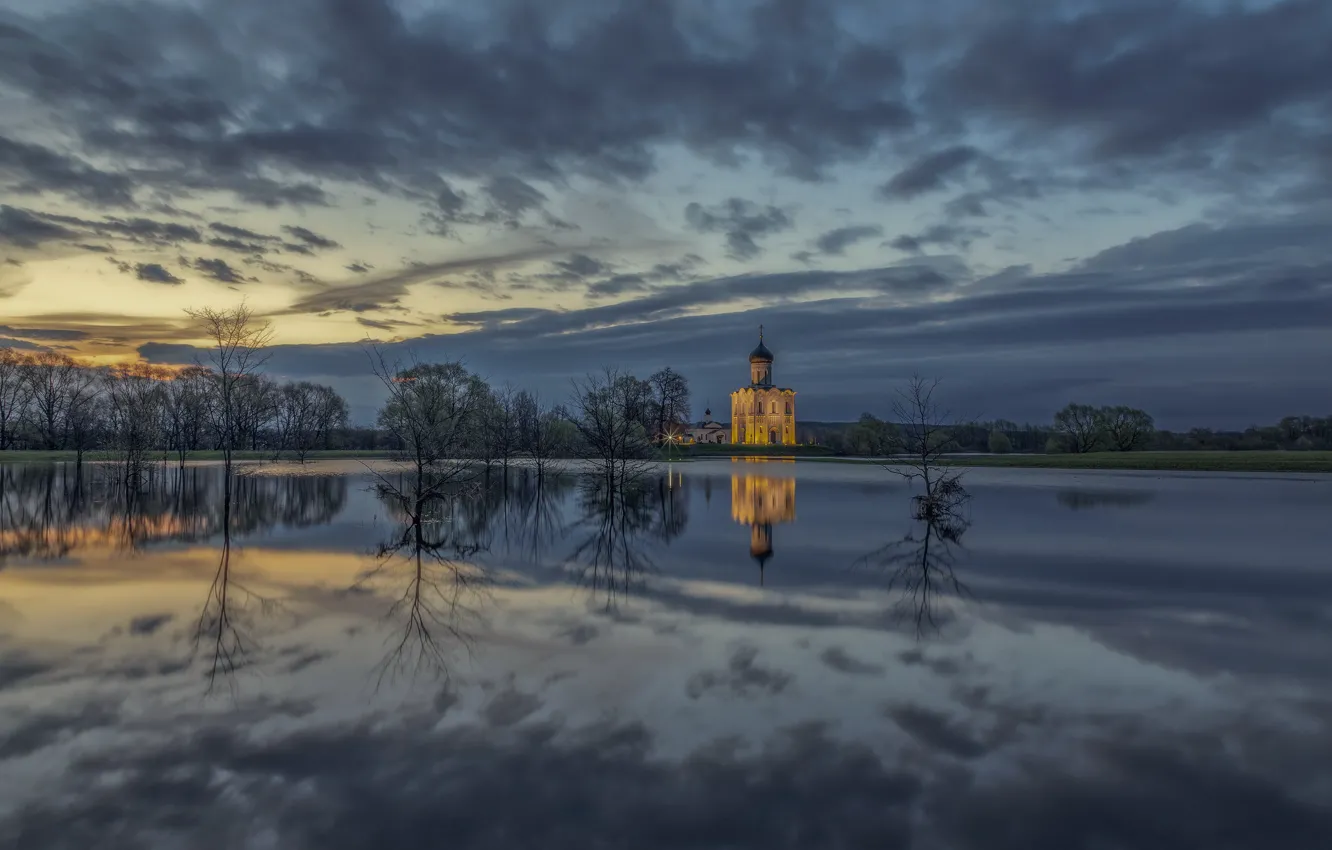Photo wallpaper the sky, sunset, river, Russia, Vladimir oblast, Of the intercession on the Nerl