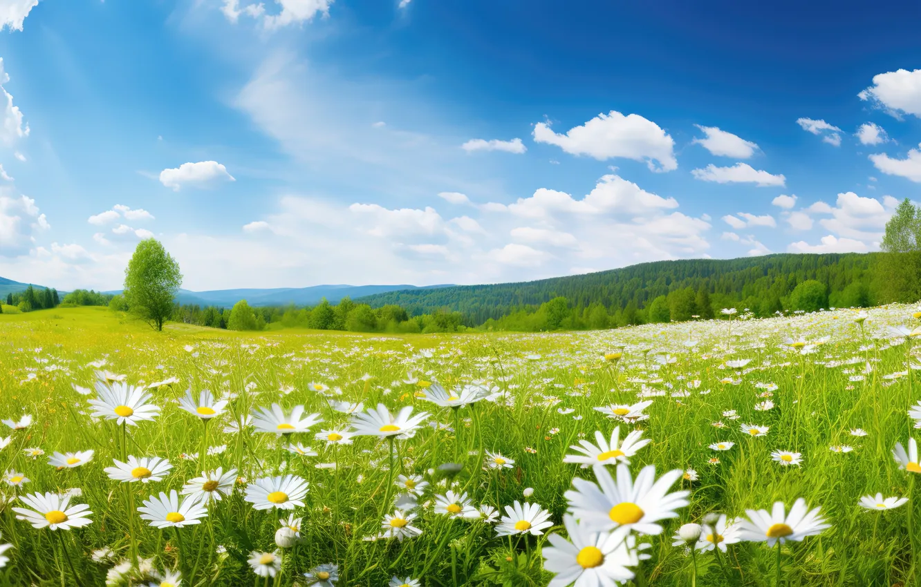 Photo wallpaper field, the sun, flowers, chamomile, spring, meadow, sunshine, spring