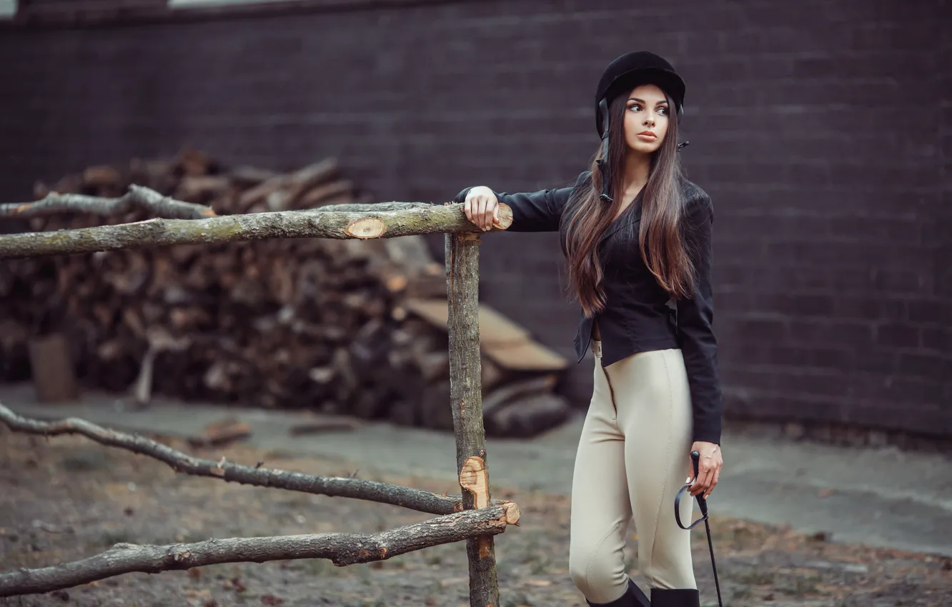 Photo wallpaper girl, the fence, makeup, figure, slim, hairstyle, wood, helmet