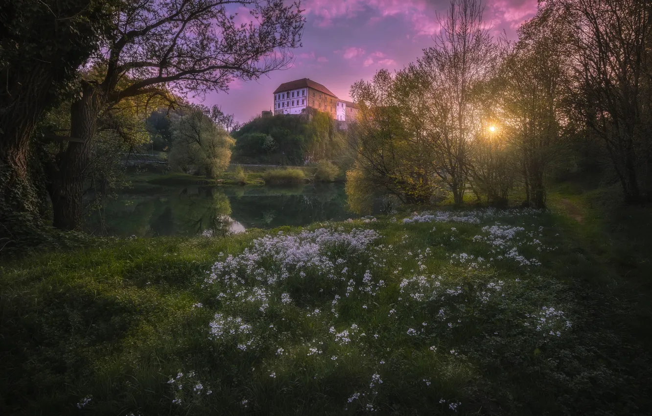 Photo wallpaper flowers, nature, river, castle, spring, Croatia, Karlovac, The Castle of Ozalj