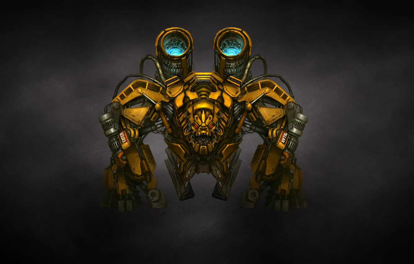 Photo wallpaper yellow, transformers, the dark background, weapons, mechanism, robot, gun, transformers
