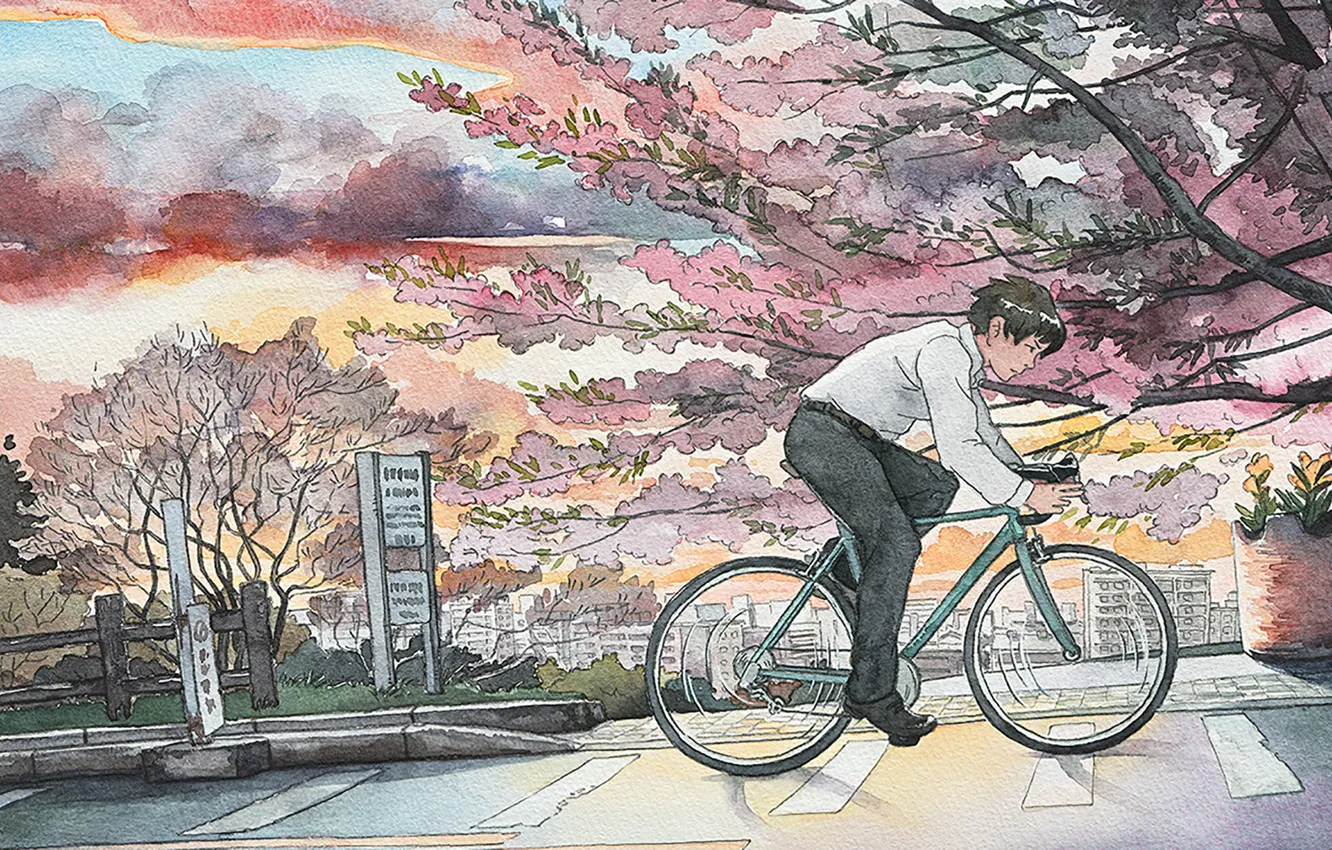 Photo wallpaper bike, the city, speed, Japan, watercolor