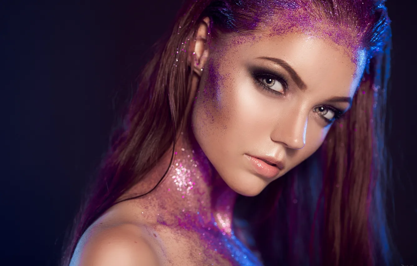 Photo wallpaper look, girl, background, paint, portrait, makeup, hairstyle, beautiful