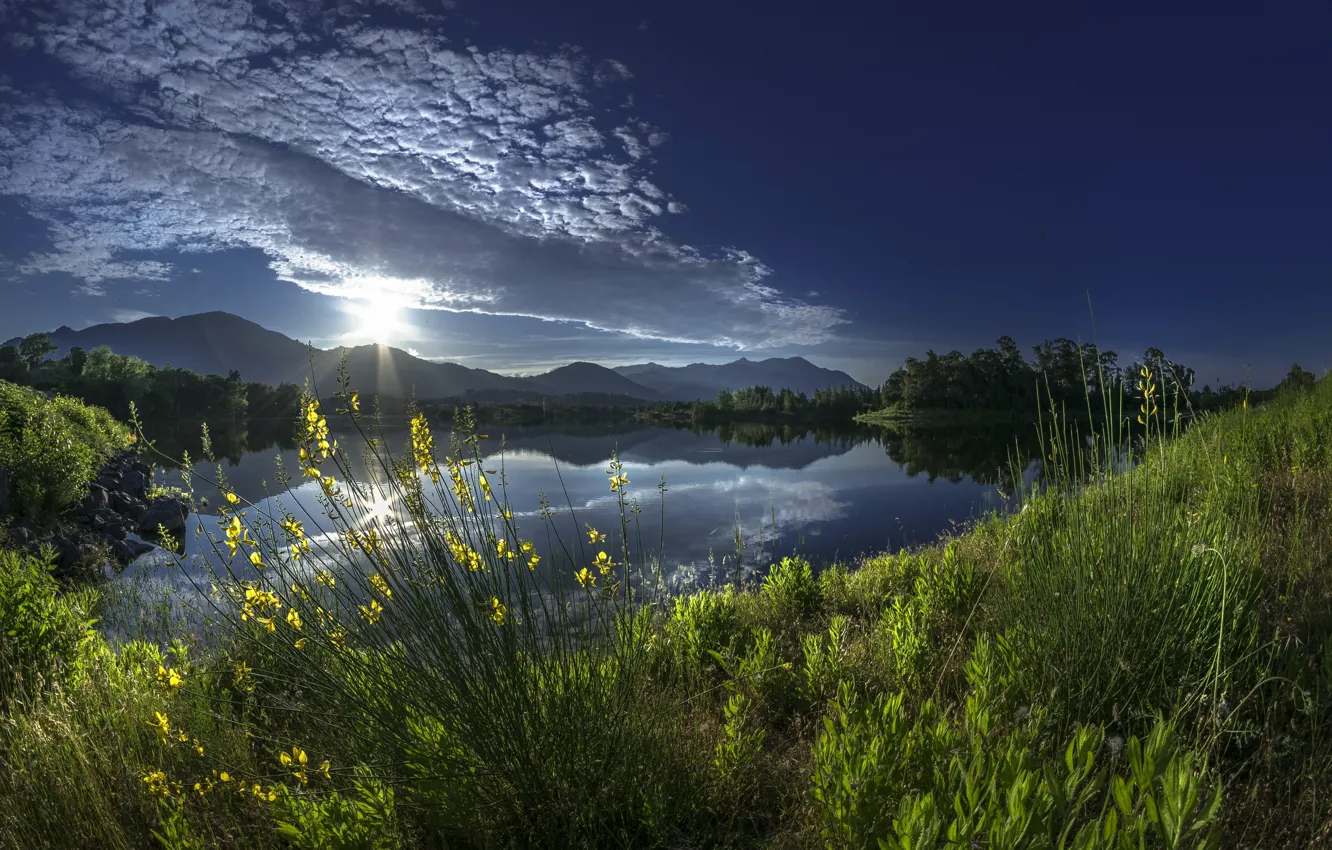 Photo wallpaper grass, clouds, mountains, reflection, river, sunrise, dawn, France