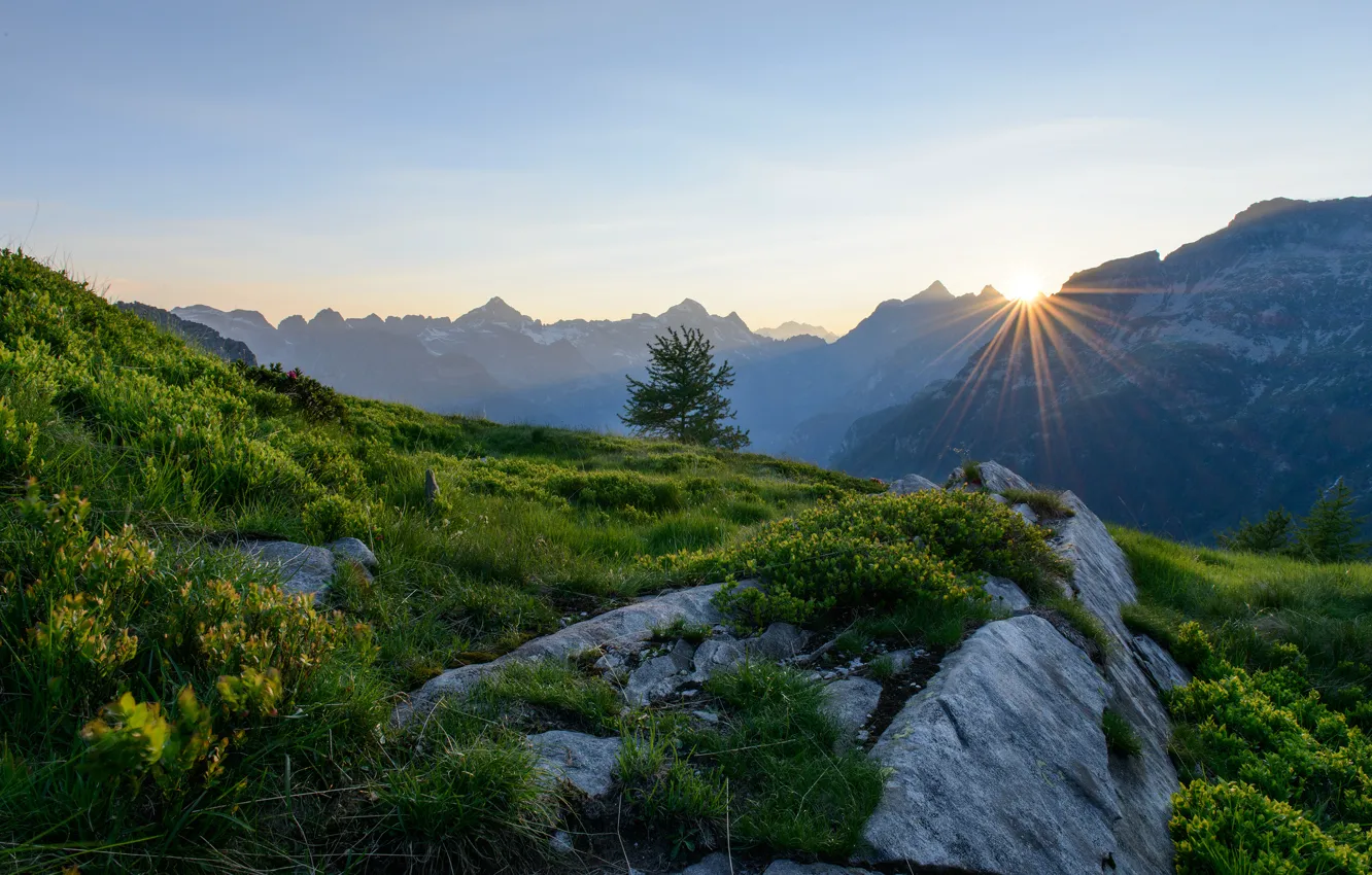 Photo wallpaper mountains, sunrise, dawn, Switzerland, Alps, Switzerland, Alps
