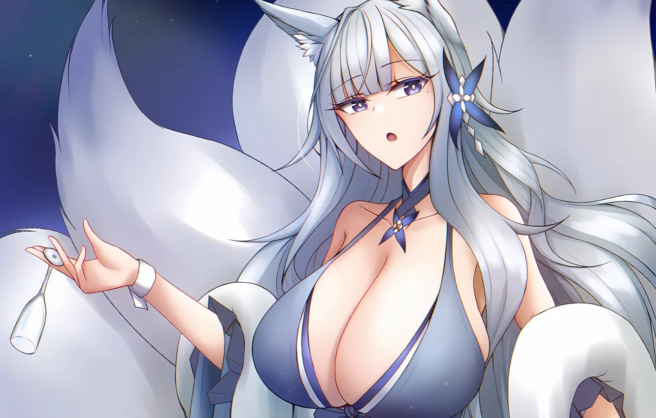 Photo wallpaper girl, sexy, cleavage, long hair, dress, boobs, animal ears, anime