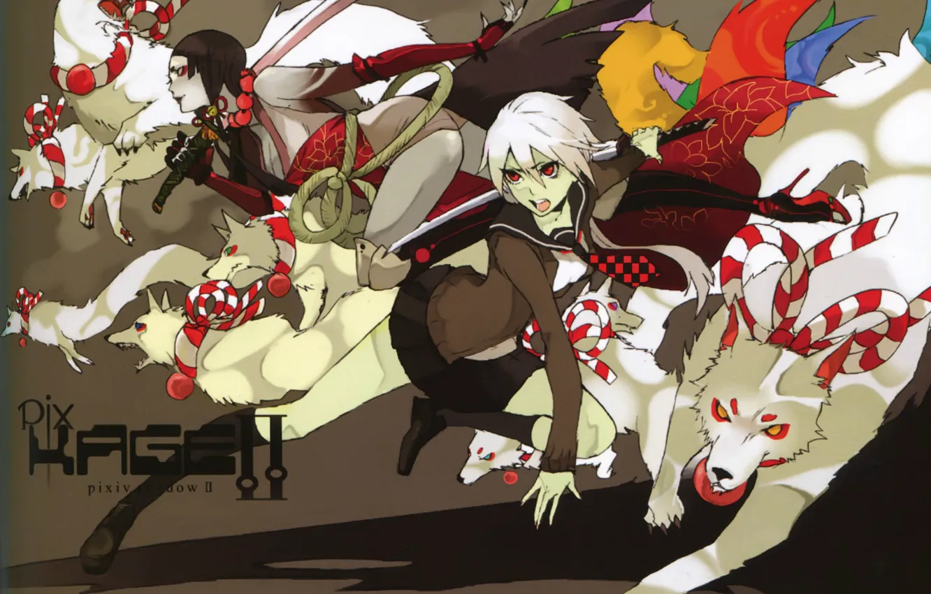 Photo wallpaper katana, schoolgirl, white, red eyes, demons, white wolves, by shirano