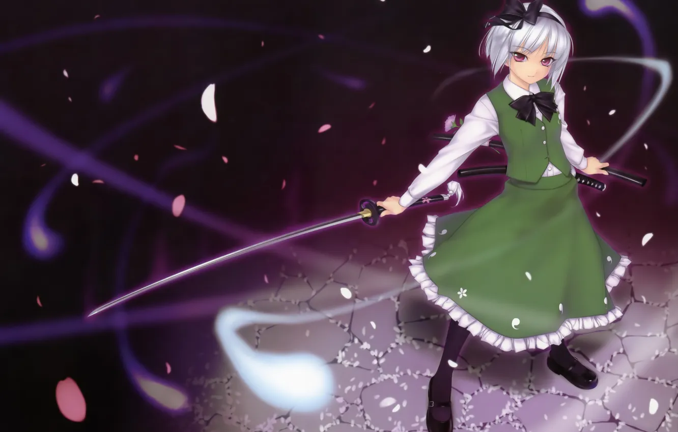 Photo wallpaper look, girl, weapons, magic, petals, swords, touhou, art