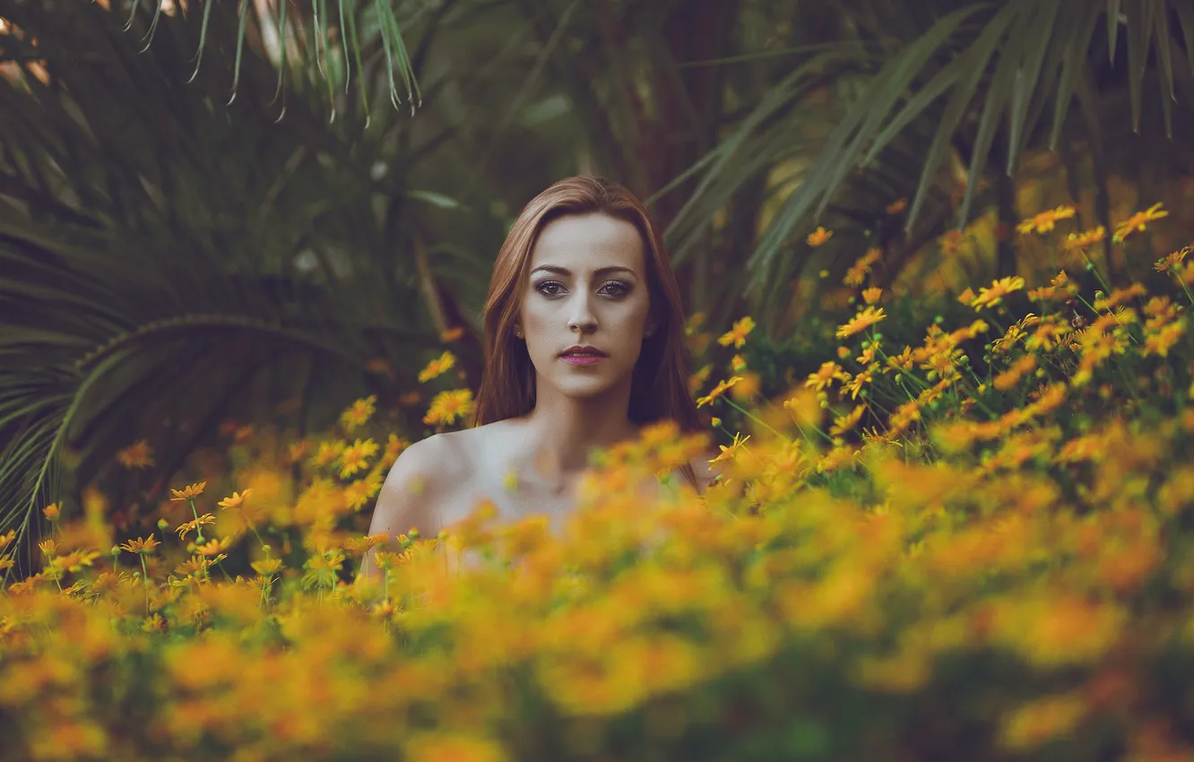 Photo wallpaper summer, girl, flowers, nature, face, hair