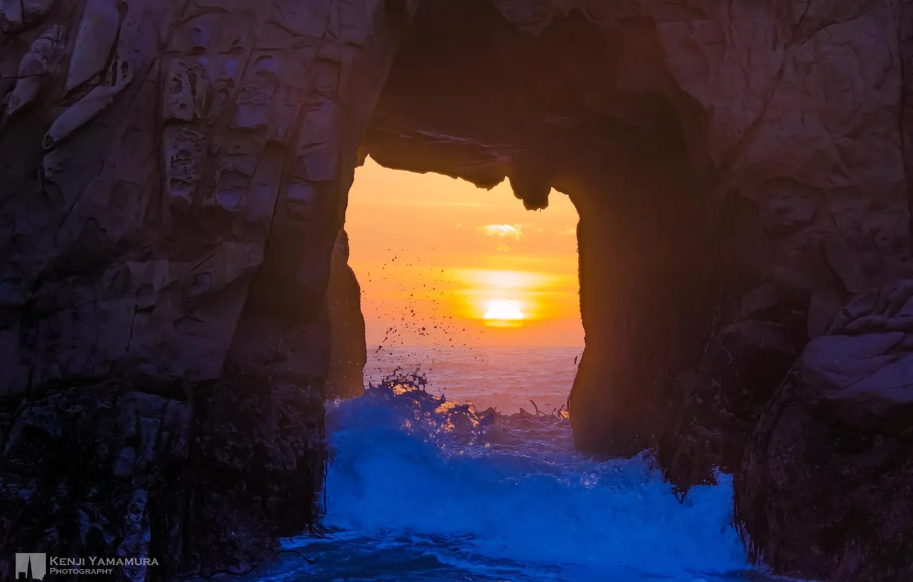 Photo wallpaper sunset, rock, photographer, tide, Kenji Yamamura