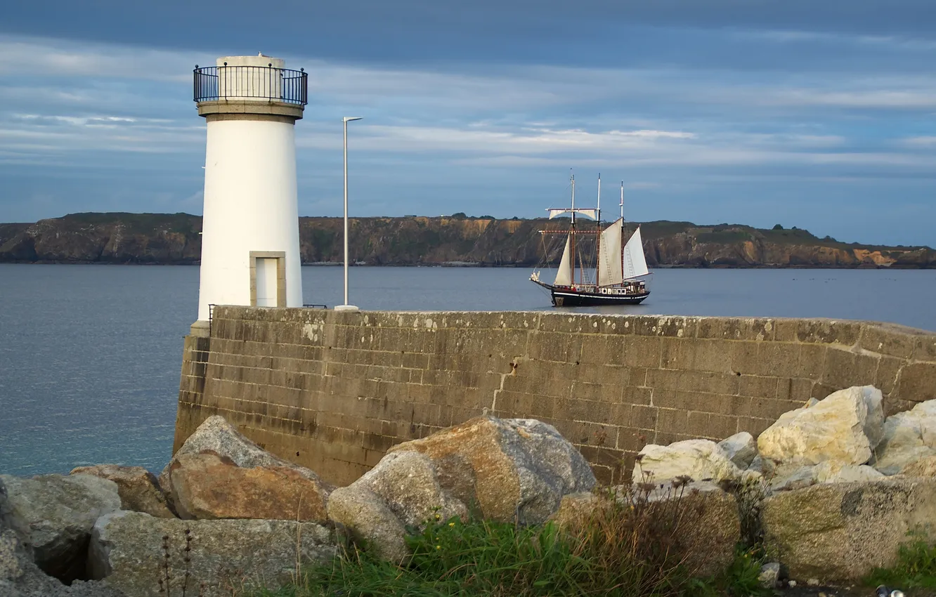 Photo wallpaper sea, stones, shore, lighthouse, sailboat, they say