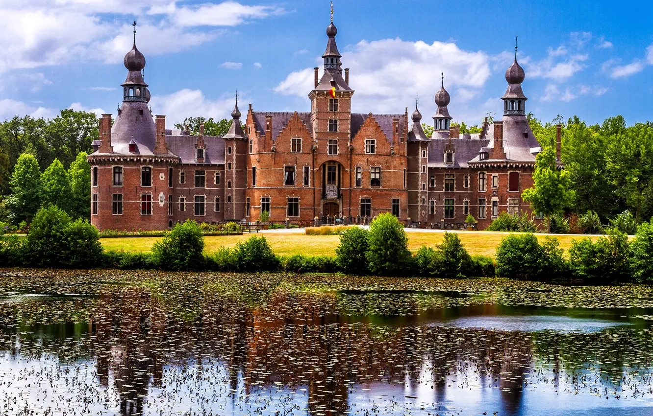 Photo wallpaper the sky, the sun, clouds, trees, pond, castle, Belgium, Ghent