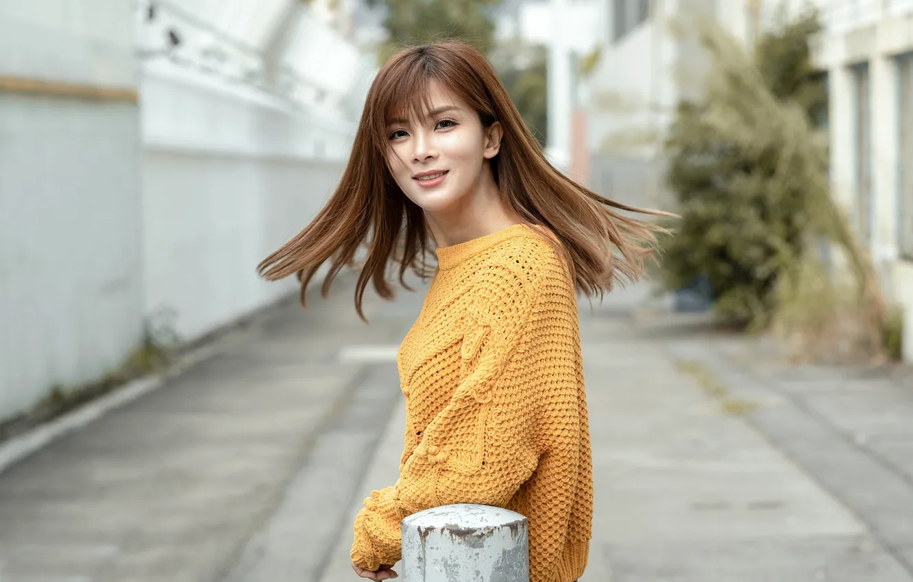 Photo wallpaper girl, smile, hair, Asian, bokeh