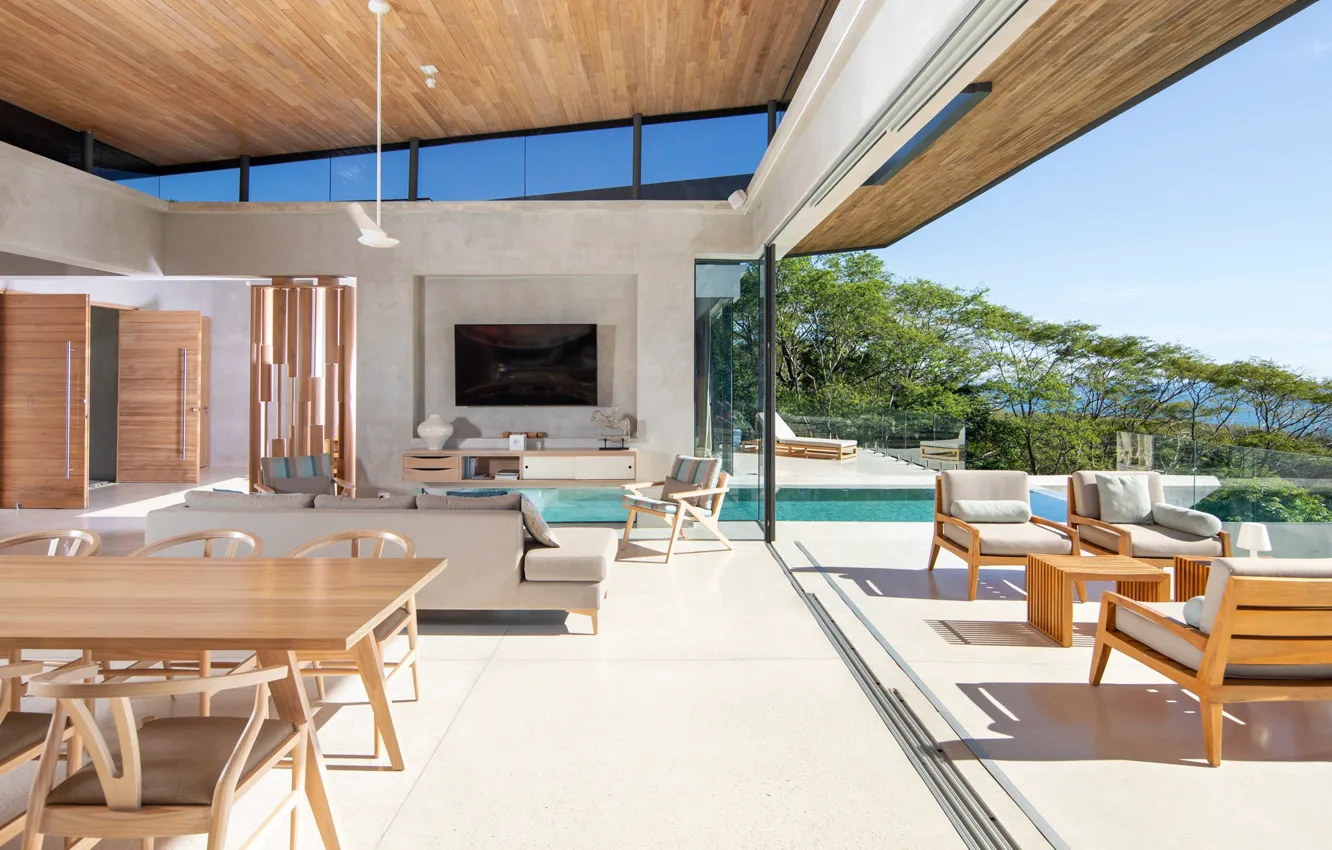 Photo wallpaper Villa, interior, pool, terrace, living room, dining room, Costa Rica, by Studio Saxe