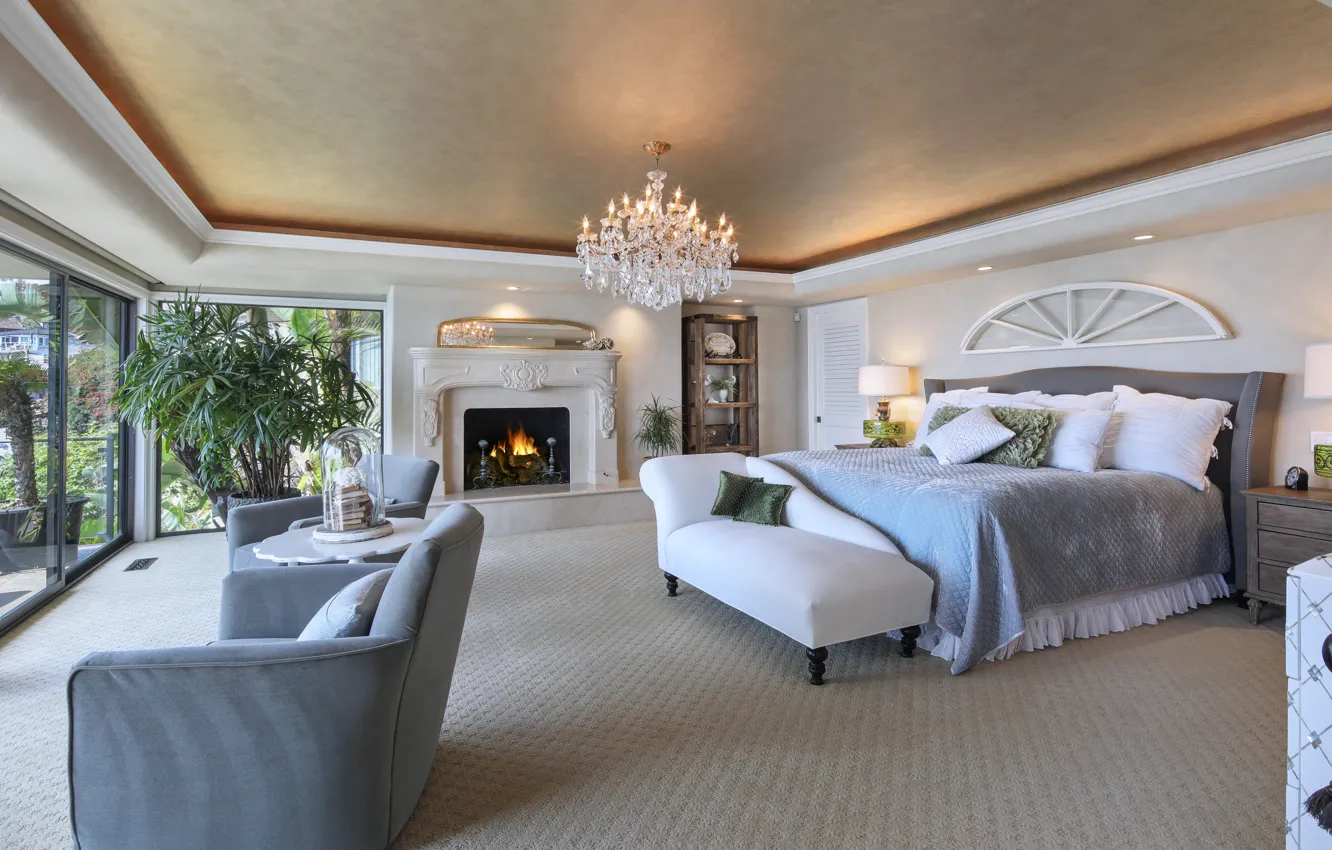 Photo wallpaper design, pillow, chandelier, fireplace, mansion, Design, bedroom, Bedroom
